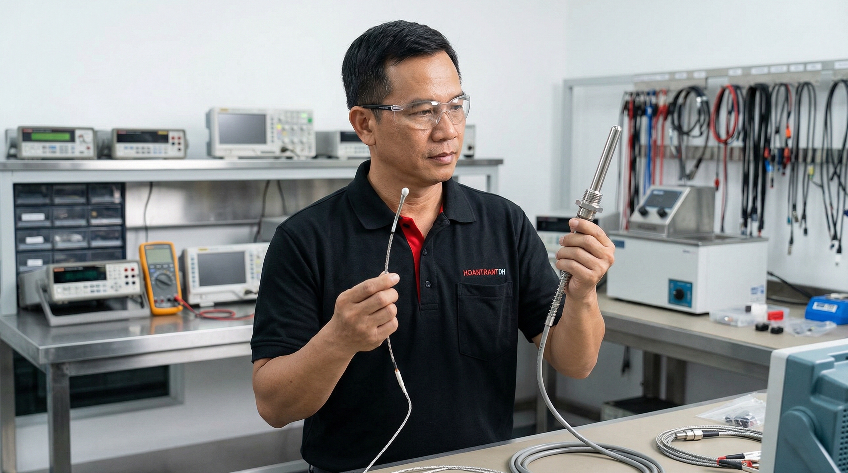 Engineer holding a Pt100 RTD temperature sensor