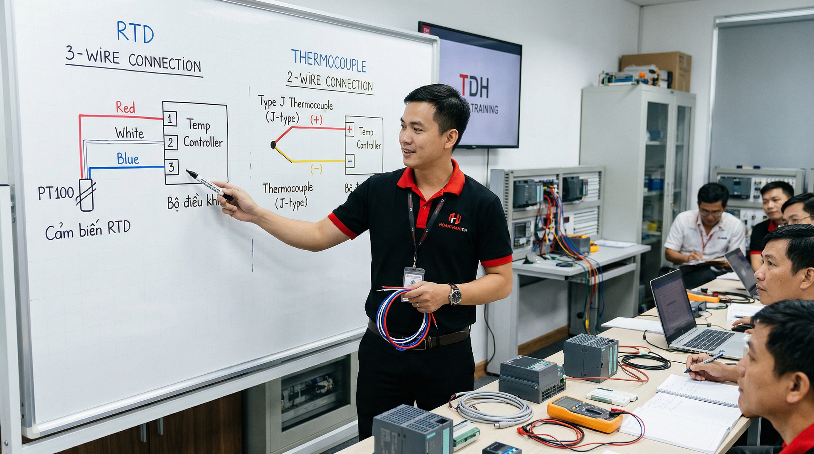 Wiring diagram for a 3-wire RTD and a 2-wire thermocouple