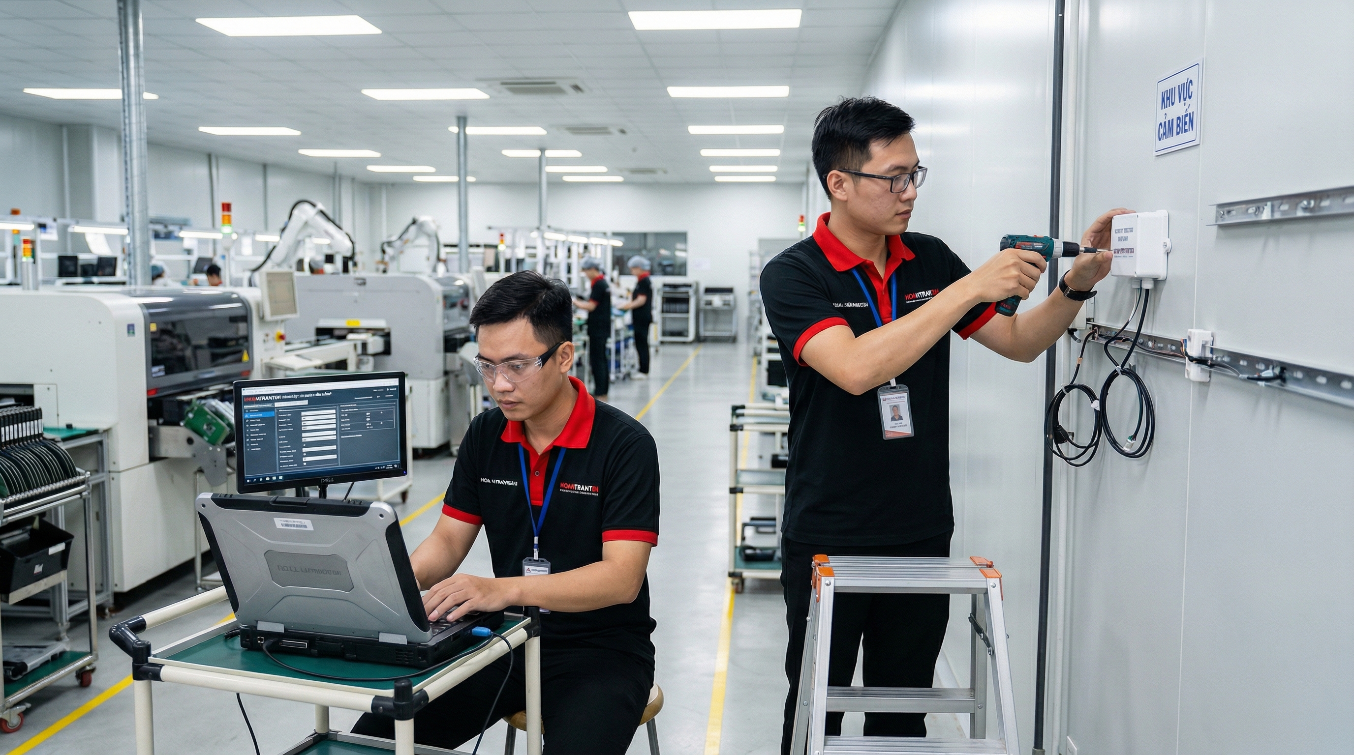 Lắp cảm biến độ ẩm lên tường xưởng