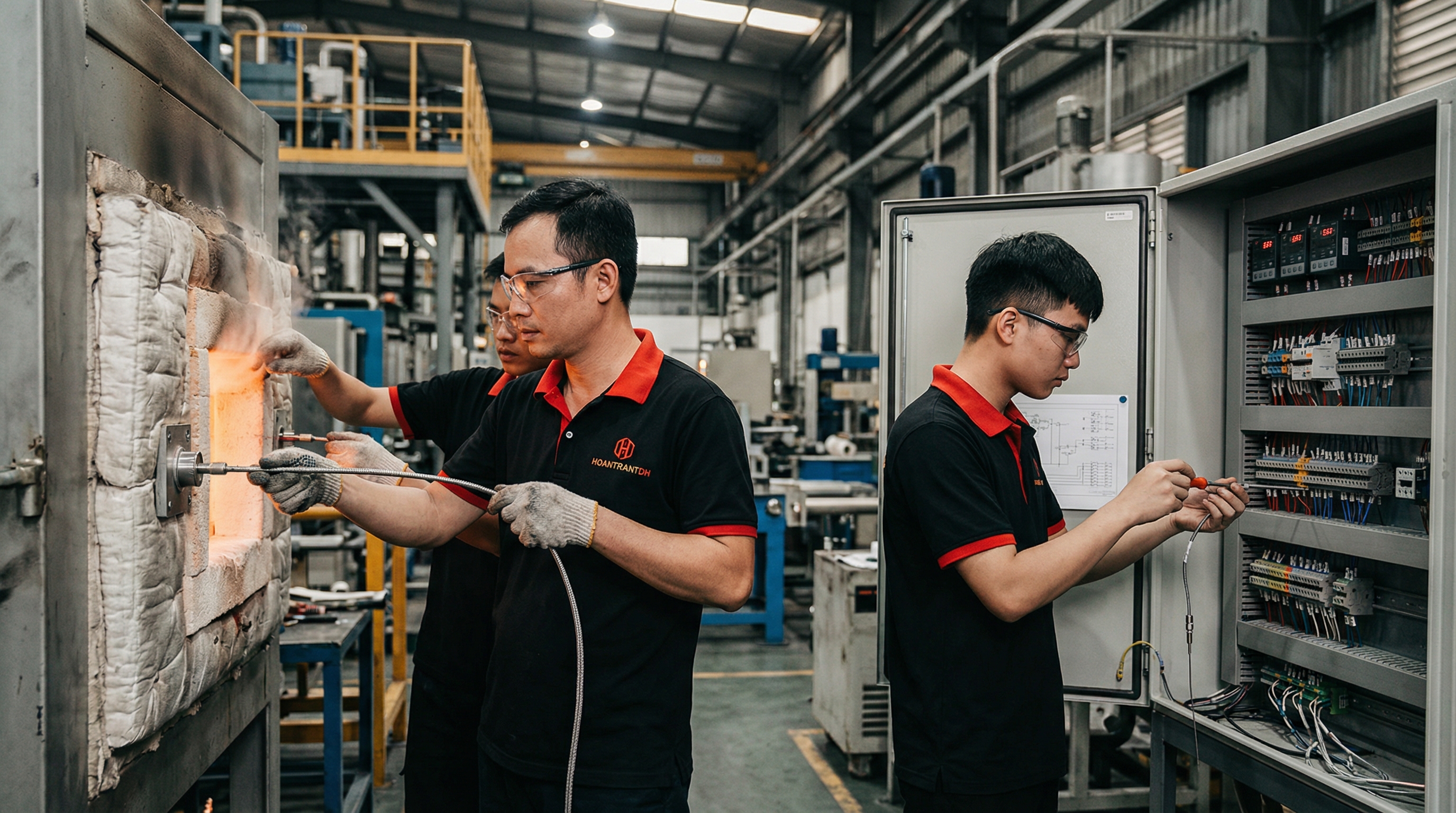 Technicians installing temperature sensors on an industrial furnace
