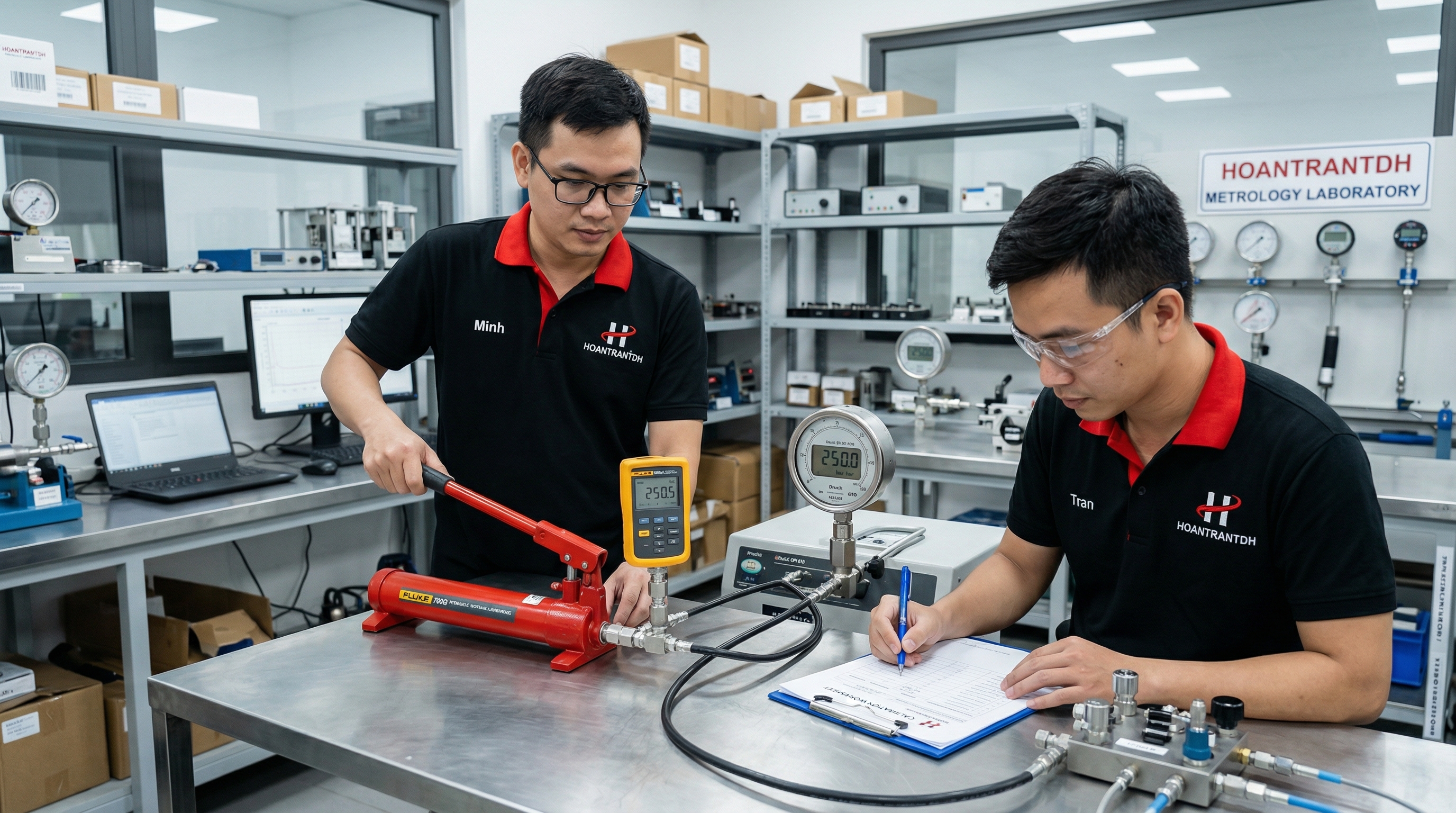 Kỹ sư thực hiện hiệu chuẩn áp suất