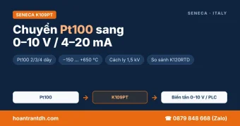 Chuyển đổi Pt100 sang 0–10 V / 4–20 mA cách ly bằng Seneca K109PT – so sánh với K120RTD