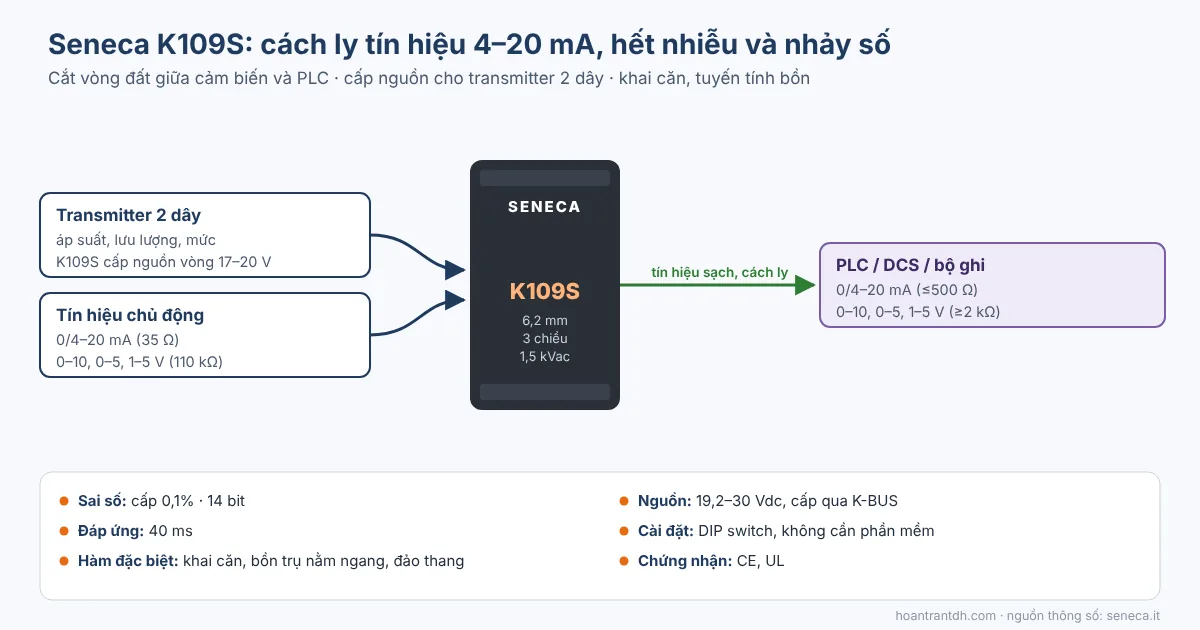 Sơ đồ bộ cách ly tín hiệu 4-20mA Seneca K109S chống nhiễu giữa transmitter và PLC